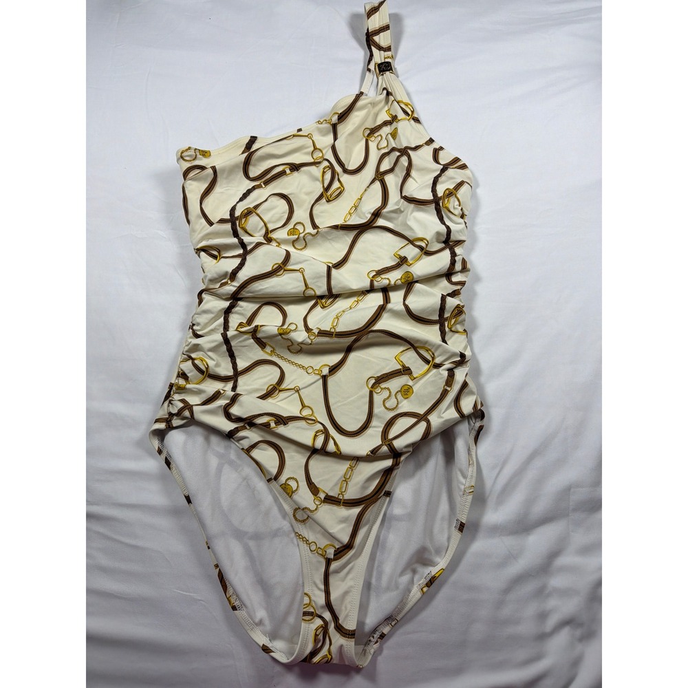 Lauren Ralph Lauren One Shoulder Swimsuit Cream Brown Chain Belt Print Ruched